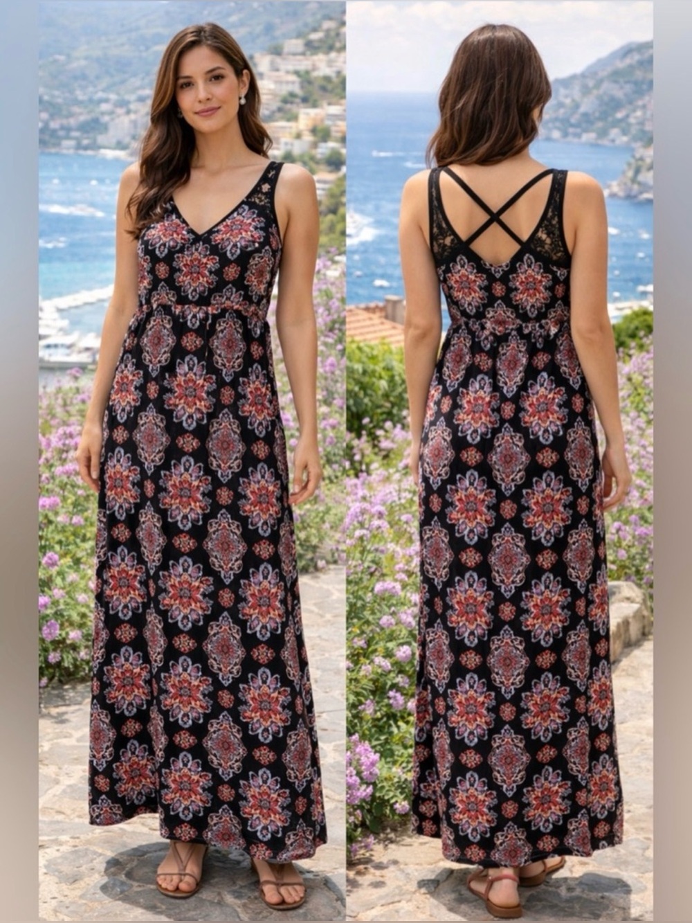 Floral Mediterranean Print Black Maxi Dress with Crisscross Back. Size M